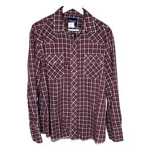 Vintage Wrangler Red Plaid L/S Western Rockabilly Shirt, Pearl Snaps, Large